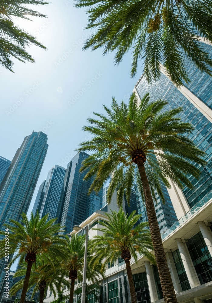 Fototapeta premium Iconic view of a major metropolitan downtown area featuring towering modern architecture framed by lush green palm tree foliage under a bright sunny sky, southern, sunny, summer