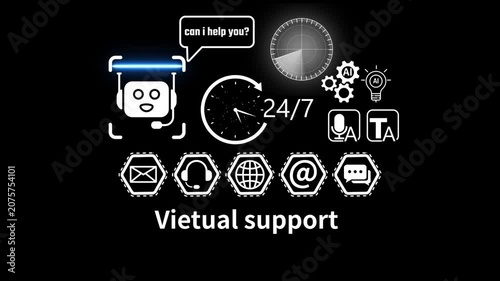 victual support With Global Communication Icons And 24 7 Clock and Radar scanning . address, live chat, man) 4k video animation