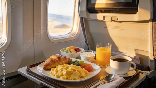 Airplane Breakfast Meal Served By Window During Morning Flight