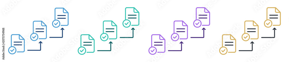 Photos document approval workflow checkmark icon set on transparent background