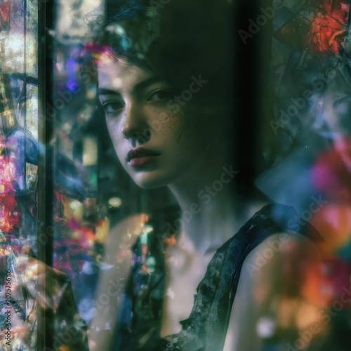 A dreamlike, moody portrait of a young woman gazing softly through a glass/window, surrounded by layered reflections, stained glass hues, and drenched neon colors. The scene blends shadowy reflection