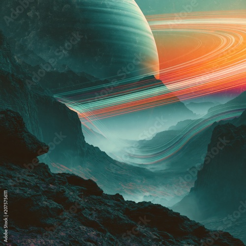 A dreamlike cosmic landscape where jagged alien cliffs and cavernous AR-like canyons recede into a surreal halftone sky. Vibrant ribbons of light sweep across a deep teal canyon, circling a colossal