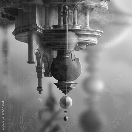 A surreal, dreamlike composition blending neo-soul jazz fusion aesthetics with architectural elements and musical motifs. An upside-down, ornate classical structure dominates the frame, featuring arc