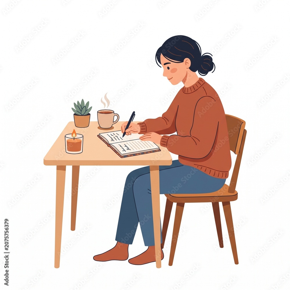 Fototapeta premium Woman journaling at desk with coffee and candle promoting self care and mental wellness
