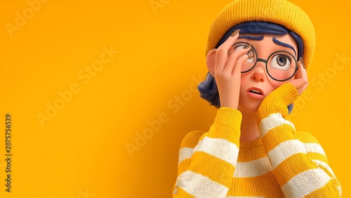 Cute 3D cartoon girl with blue hair and yellow glasses looking up stressed and rubbing her eye against a solid vibrant yellow background.