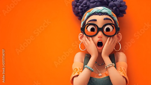 Shocked 3D cartoon girl with curly hair buns and large round glasses holding her face in surprise against a solid orange background.