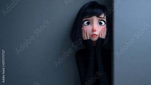 Scared 3D cartoon woman with short black hair holding her face in worry while peaking from behind a dark wall with copy space.