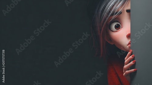 Scared 3D cartoon woman with red painted nails peeking anxiously from behind a gray corner wall into a dark room with copy space.