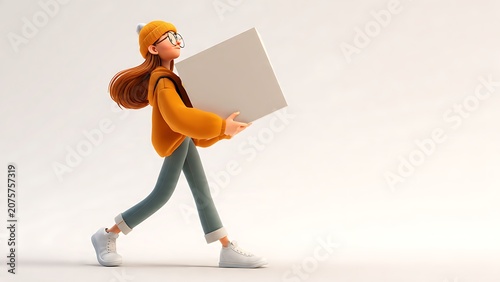 Side profile of a cute 3D cartoon woman walking while carrying a large blank white square sign against a clean background.