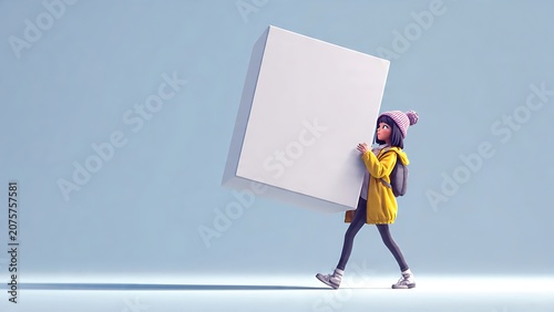 Cute 3D cartoon girl wearing a pink knit beanie and yellow coat walking while carrying a massive blank white rectangular sign.