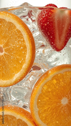  macro of infused water with orange, strawberry and cucumber slices plus ice cubes in a glass, bright natural sunlight, fresh and hydrating summer feeling, detailed condensation and fruit textures