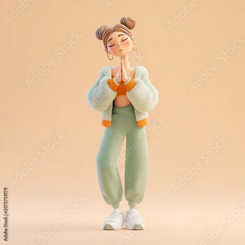 Peaceful 3D cartoon woman with space buns standing with hands pressed together in a prayer or yoga pose against a soft beige background.