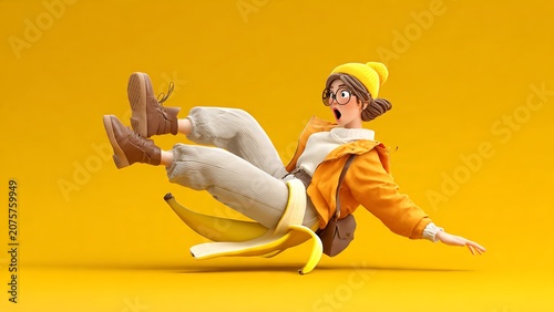 Humorous 3D cartoon woman slipping dramatically on a giant banana peel against a vibrant solid yellow background.