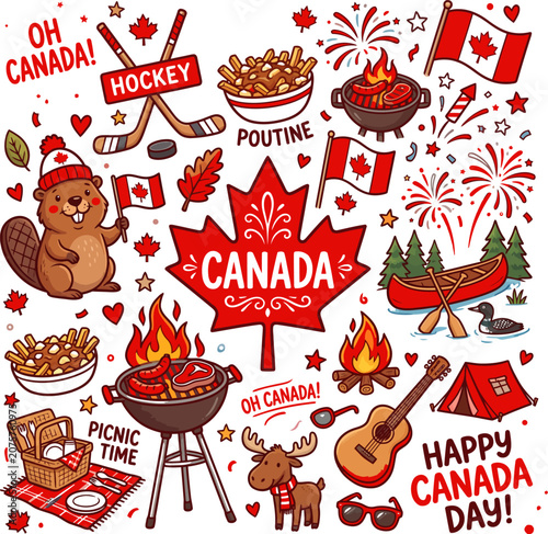 Canada day celebration doodle set icons of canadian culture and festive elements