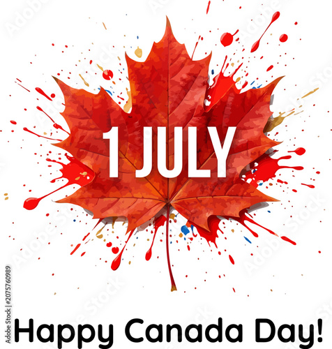 Vibrant canada day greeting with maple leaf and paint splatters