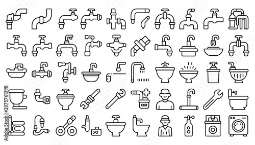 Fotografía Plumbing line icons set faucets toilets pipes and bathroom fixtures vector illus