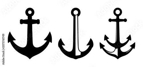 Cuadro en lienzo Anchor icon set with simple solid black icon on white background featuring nauti