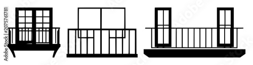 Balcony icon set with solid black design on white background featuring balcony, icon, architecture with flat line and minimalist