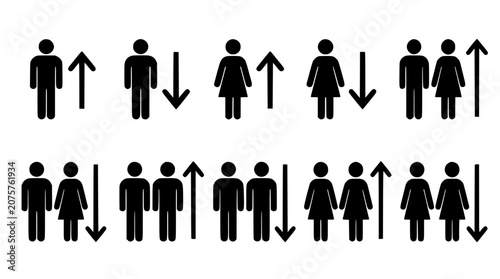 People Icons with Directional Arrows Indicating Movement and Interaction Featuring Direction, Up, Down with Male and Female