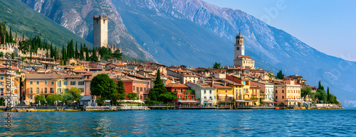 The view of Malcesine from the lake shore in Italy