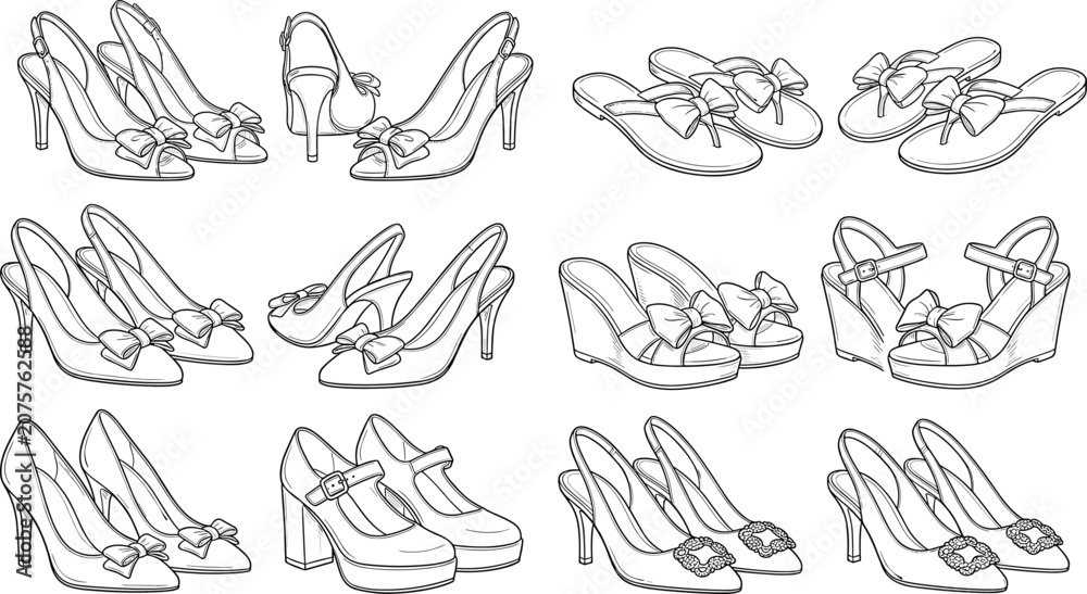 Obraz premium Women fashion shoes and footwear technical flat sketch collection set for design manufacturing template