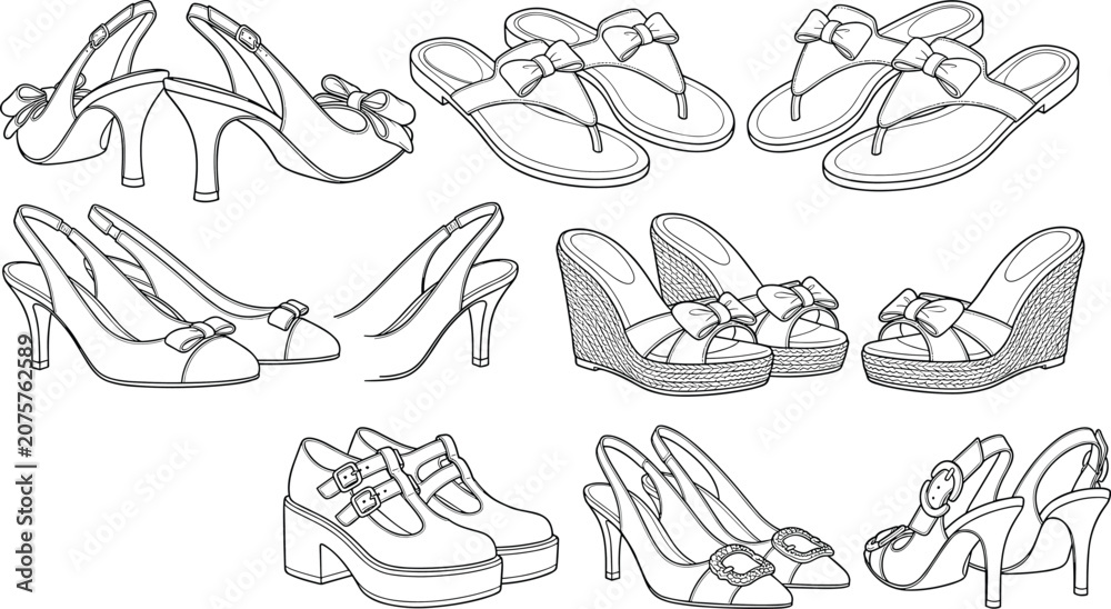 Obraz premium Women footwear fashion shoes technical flat sketch collection set for design manufacturing template