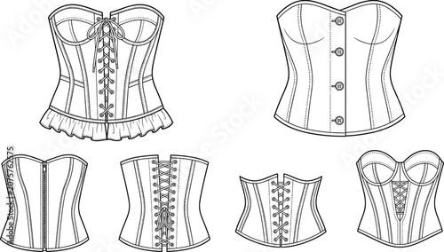 Women corset and bustier technical flat sketch collection set for fashion design template