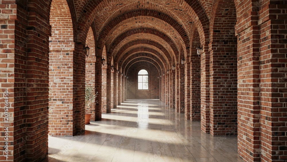 Fototapeta premium Brick corridor displays a series of elegant arched vaults and high ceilings that create a classic architectural perspective.