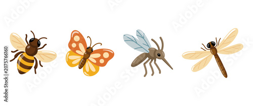Cartoon bee, butterfly, mosquito and dragonfly set. Vector isolated illustrations on white background. 