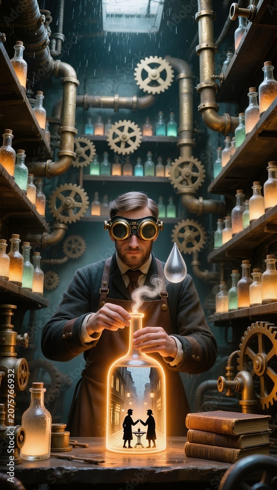 Fototapeta premium Scientist works in a laboratory with colorful liquids and gears as rain falls outside in a steampunk setting