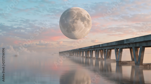 Giant full moon hovering over a long concrete pier in misty water. Surreal fantasy landscape at sunset with pink and blue clouds. Dreamlike digital composite art