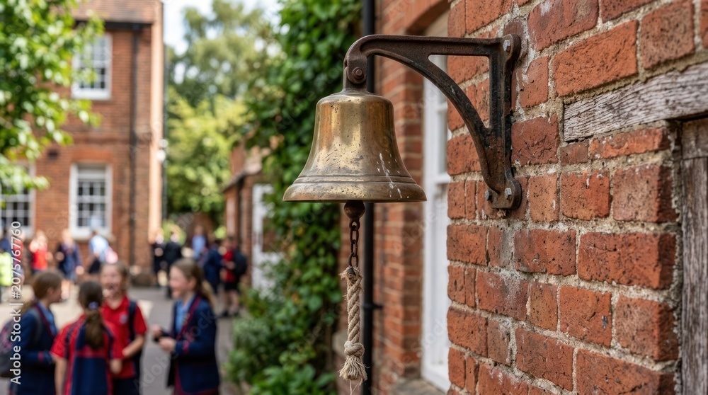 Obraz premium Historic school bell mounted on brick wall with students in background