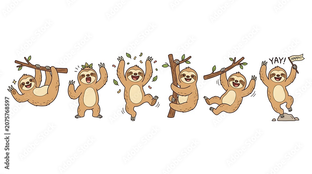 Obraz premium Set of happy and playful cartoon sloths in joyful poses, celebrating fun and cheerfulness on branches