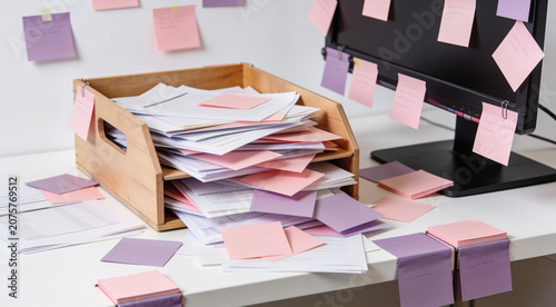Scattered business documents and reminder notes around computer monitor representing extreme office work anxiety