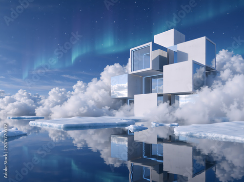 Surreal modular cube building floating in clouds over arctic water. Futuristic mirrored architecture with ice floes and aurora borealis