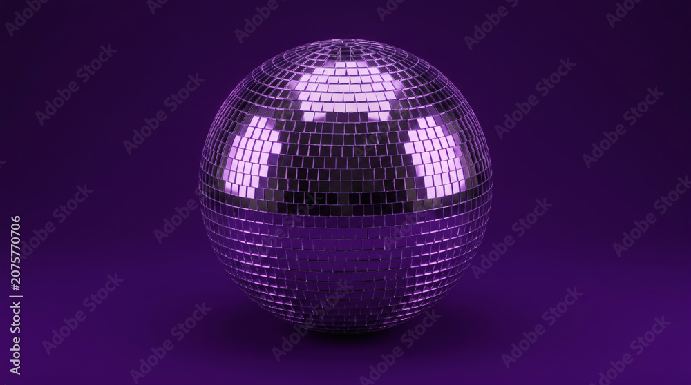 Obraz premium Large Silver Disco Mirror Ball on Deep Purple Background Studio Shot