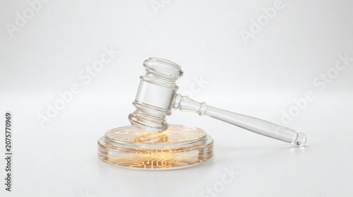 A minimalist composition of a classic heavy gavel made of translucent glass, resting on a clean white surface with an integrated, glowing gold circuit grid subtly visible inside the base. Soft 
