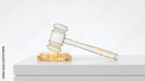 A minimalist composition of a classic heavy gavel made of translucent glass, resting on a clean white surface with an integrated, glowing gold circuit grid subtly visible inside the base. Soft 
