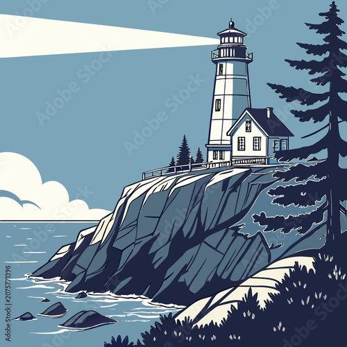 Vector illustration of a majestic lighthouse standing tall on a rocky cliff overlooking the vast ocean with pine trees and a clear blue sky