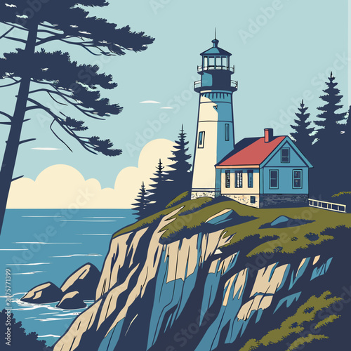 Vector illustration of a majestic lighthouse standing tall on a rocky cliff overlooking the vast ocean with pine trees and a clear blue sky