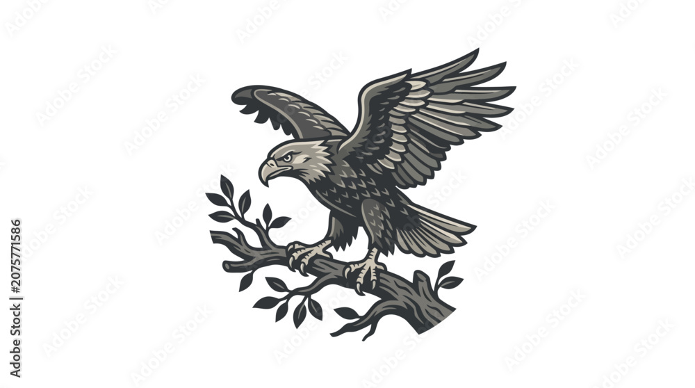 Fototapeta premium Bald eagle landing on tree branch illustration