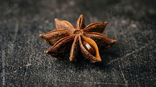 Single Dried Star Anise Seed Pod Resting On Textured Dark Concrete
