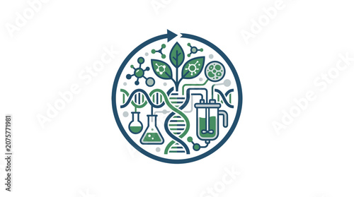 Biotechnology icon with plant growth and laboratory equipment.