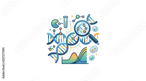Biotechnology illustration featuring DNA helix data and test tubes.