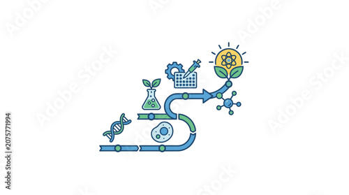 Biotechnology process flowchart with cells and molecular growth