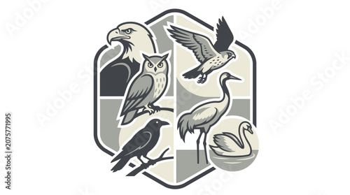 Bird species crest collage with eagle and owl.