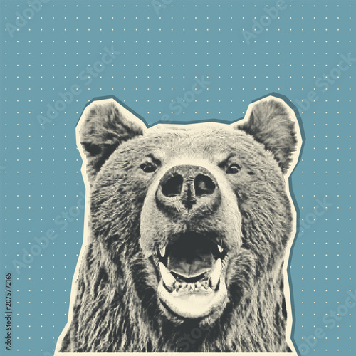 Tableau sur toile Angry Growling Bear in Halftone on Blue Polka Dot Background