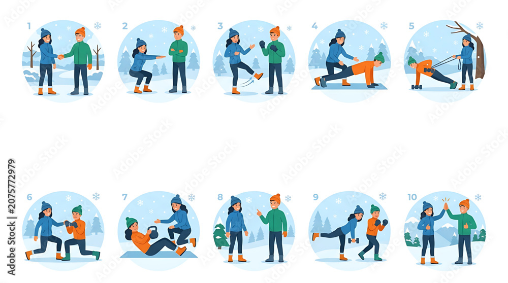 Fototapeta premium Vector illustration of ten different winter sports and activities for two people in a snowy landscape with trees