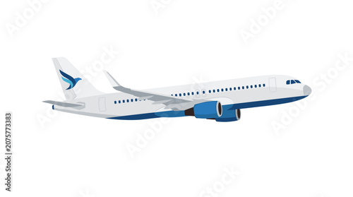 Bild auf Leinwand Commercial Jetliner Isolated: A sleek, modern commercial jetliner with blue engine accents and a bird logo on the tail is depicted in a side view against a stark white backdrop