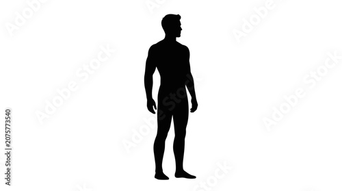 Quadro su tela Silhouette of a Man Standing: A stark black silhouette of a man standing against a white background, presenting a minimalist and abstract representation of the human form